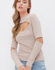 Ribbed Fitted Long Sleeve Top with Chest Cutout