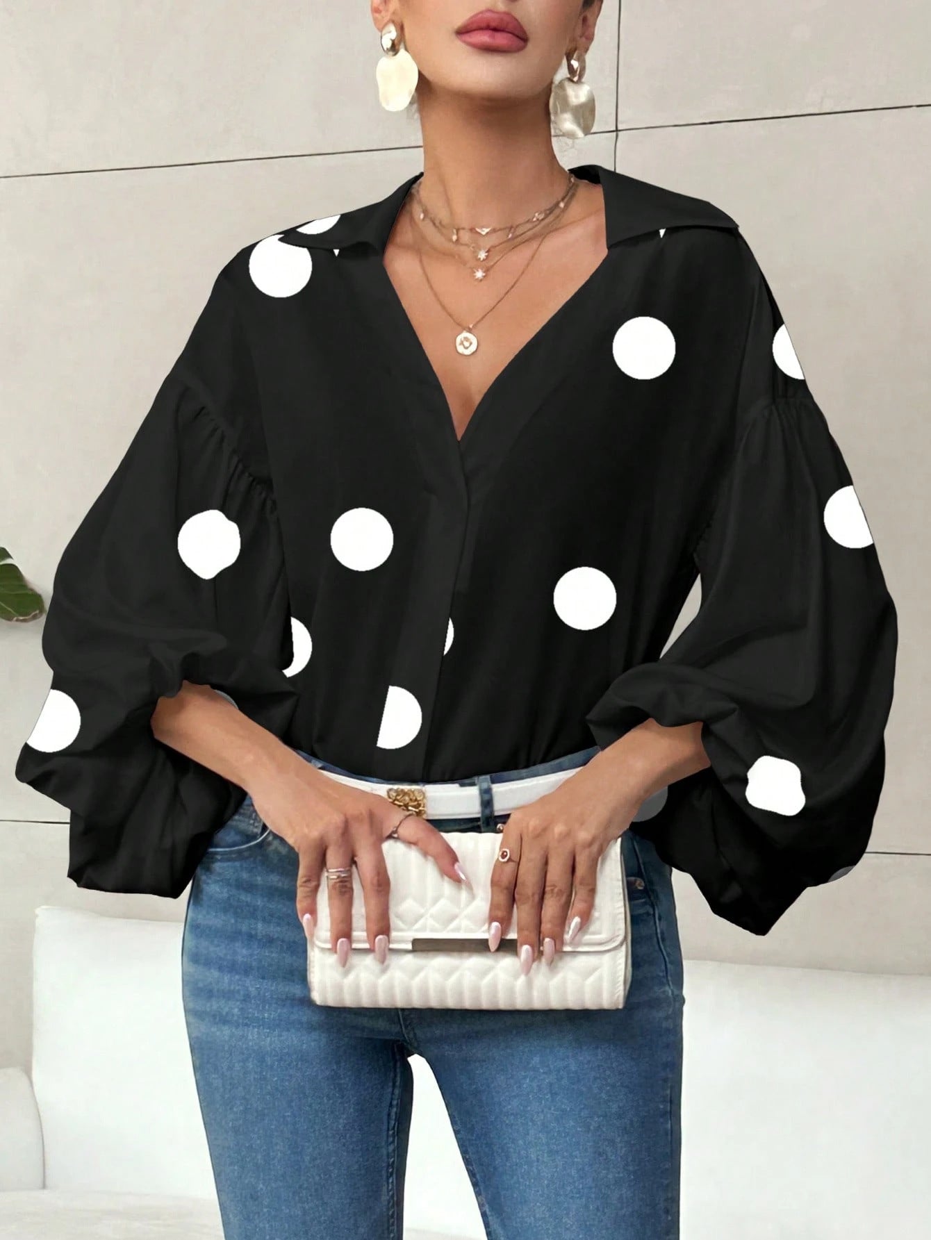 Polka Dot Bubble Sleeve Blouse