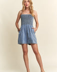 ADORA Smocked Spaghetti Strap Denim Romper