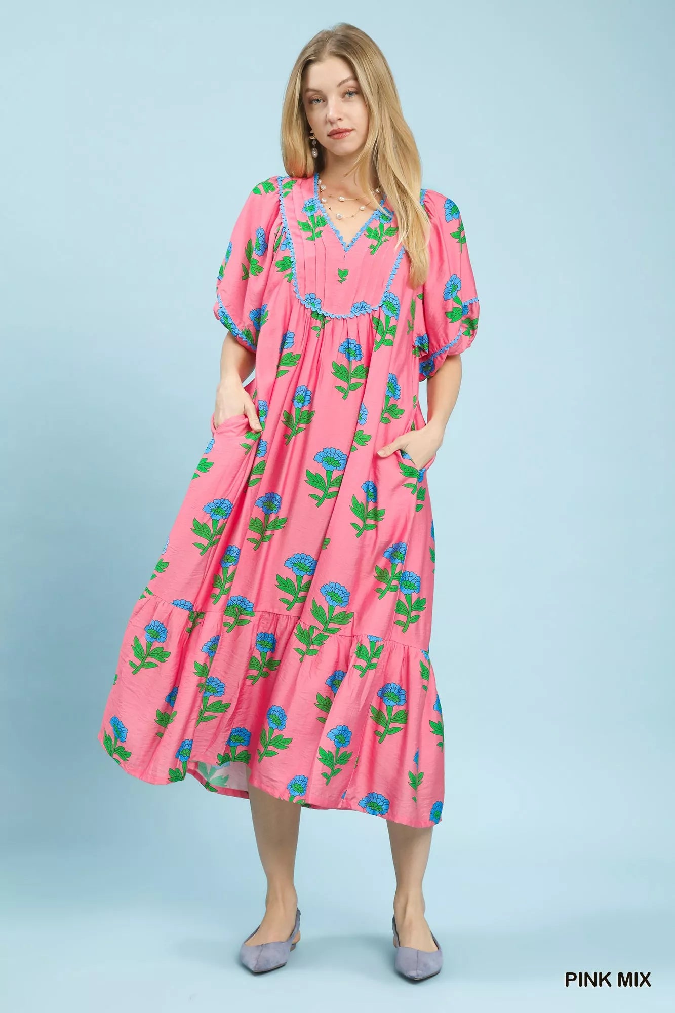 Umgee Floral Print Midi Dress in Pink