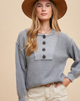 Annie Wear Half Button Ribbed Hem Sweater