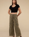 ZENANA Washed Linen Elastic Band Waist Cargo Pants