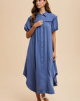 Annie Wear Mineral Washed Button Down Puff Sleeve Shirt Dress