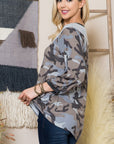 Celeste Full Size Camouflage V-Neck Balloon Sleeve Top