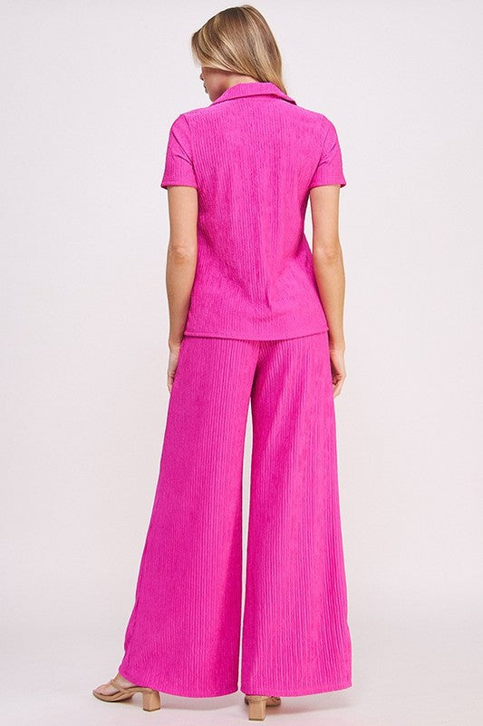 Jade By Jane Textured Short Sleeve Top  &amp; Wide Leg Pant Set