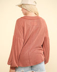 VERY J Two Tone Ribbed V-Neck Exposed Seam Top