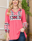 Celeste Full Size Houndstooth Front Yoke Balloon Sleeve Top