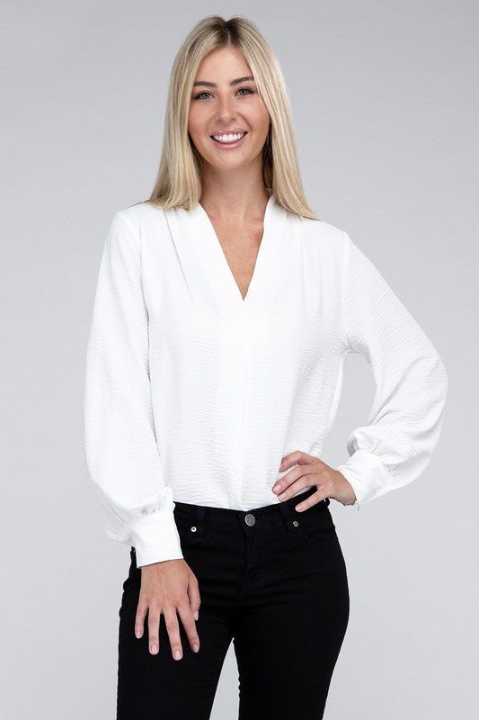 Zenana Woven Airflow V-Neck Long Sleeve Top