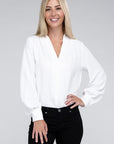 Zenana Woven Airflow V-Neck Long Sleeve Top