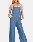 Zenana Washed Adjustable Strap Wide Leg Denim Overalls