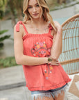 Davi & Dani Embroidered Sleeveless Ruffle Tank Top