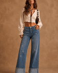 GJG Denim Rhinestone Darling Cuffed Wide-Leg Jeans
