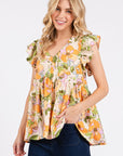 Mittoshop Floral V-Neck Ruffled Cap Sleeve Blouse