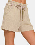 Zenana Washed Frayed Hem Drawstring Shorts