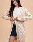 Annie Wear Checkered & Striped Open Front Long Sleeve Cardigan