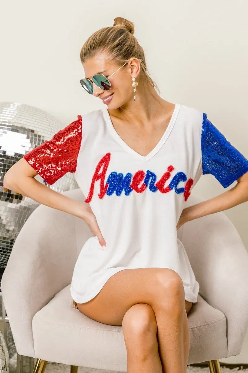 BiBi Metallic Letter V-neck Sequin Sleeves Top in Cream