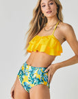 Davi & Dani Solid Ruffle Top And Printed Bottom Swimsuit