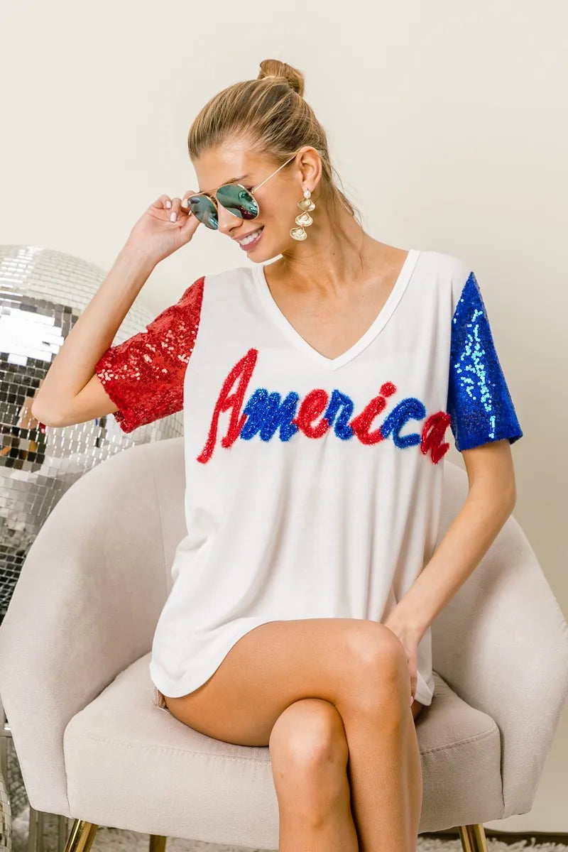 BiBi Metallic Letter V-neck Sequin Sleeves Top in Cream