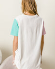 BiBi Letter Patch V-Neck Color Block Short Sleeve T-Shirt