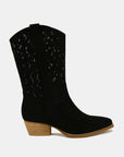 Beast Fashion Faux Suede Laser Cut Detail Block Heel Boots