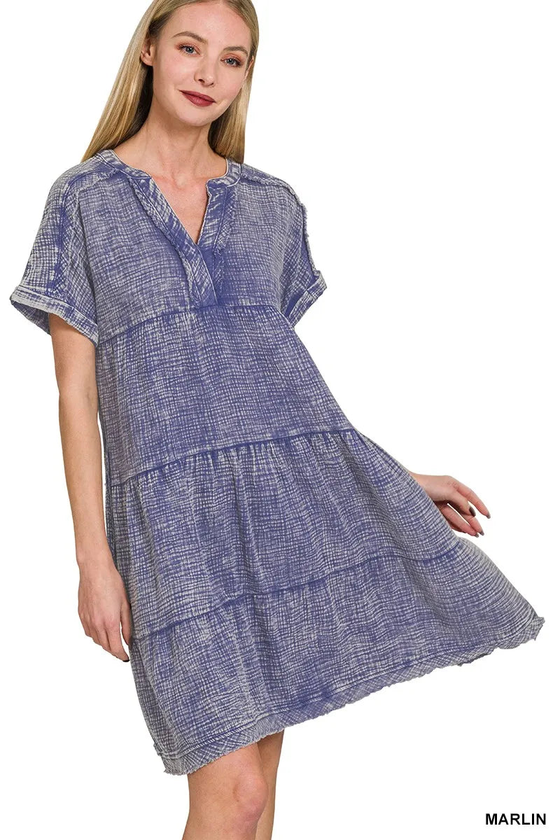 Zenana Washed Double Gauze Raw Edge V-neck Dress in Marlin