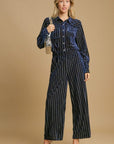 Umgee Full Size Elastic Waist Striped Wide Leg Velvet Pants