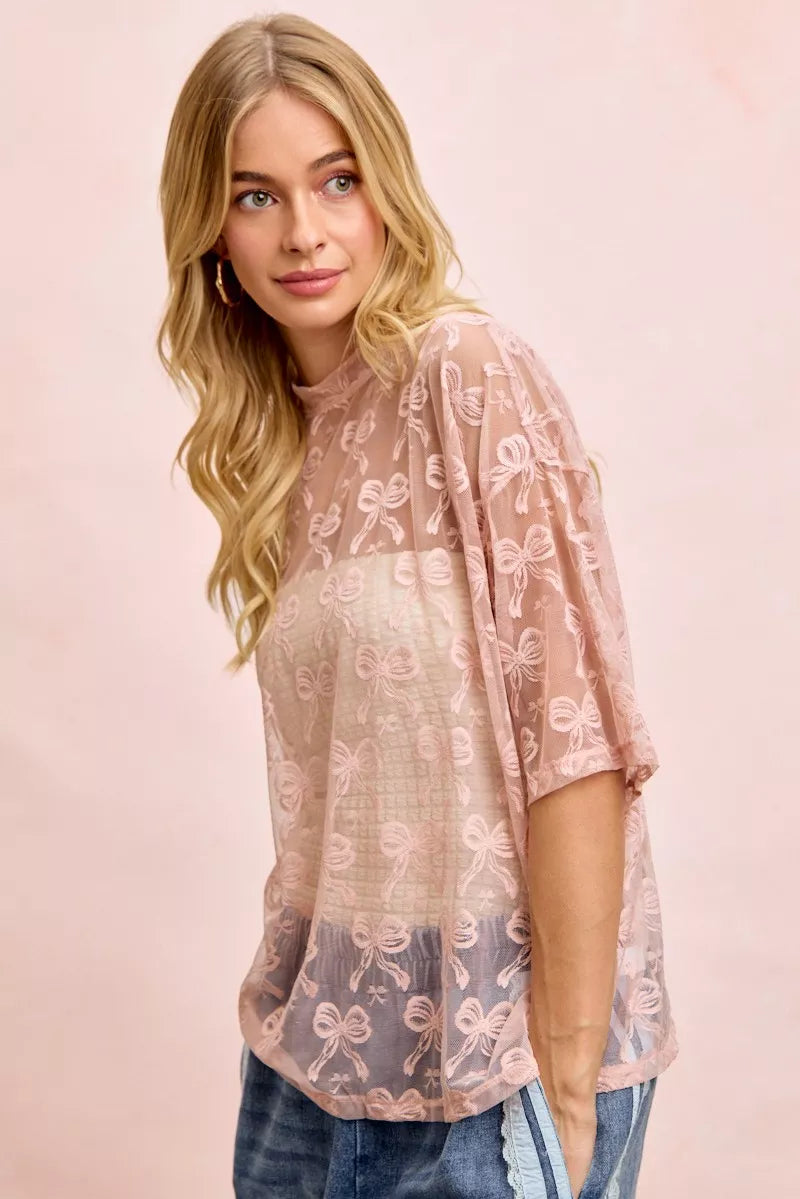 BiBi Bow Pattern Short Sleeves Boxy Mesh Top