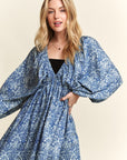 ADORA Printed V-Neck Batwing Sleeve Mini Dress