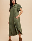 Annie Wear Mineral Washed Button Down Puff Sleeve Shirt Dress