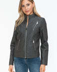 Snobbish Faux Leather Zip Up Mock Neck Jacket