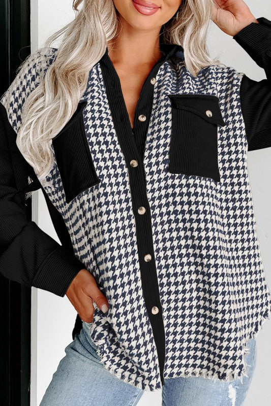 Houndstooth Corduroy Patchwork Flap Pocket Jackets