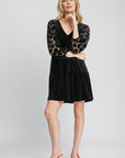 Umgee Dotted Lace Sleeve Tiered Velvet Mini Dress