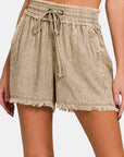 Zenana Washed Linen Frayed Hem Drawstring Shorts