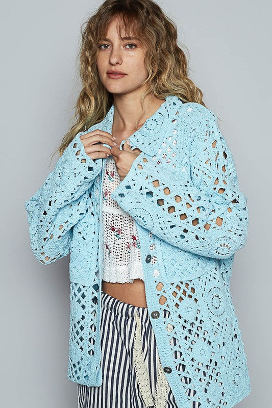 POL Crochet Button Up Cardigan with Chest Patch Pockets