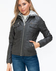 YMI Removable Faux Layered Multi-Pocket Jacket with Fuzzy Hood