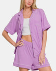 Zenana Button Down Short Sleeve Top and Shorts Lounge Set