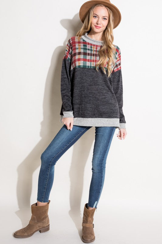 e Luna PLUS Solid Plaid Mock Neck Top