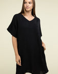 Zenana Woven Airflow V Neck T-Shirt Dress with Pockets