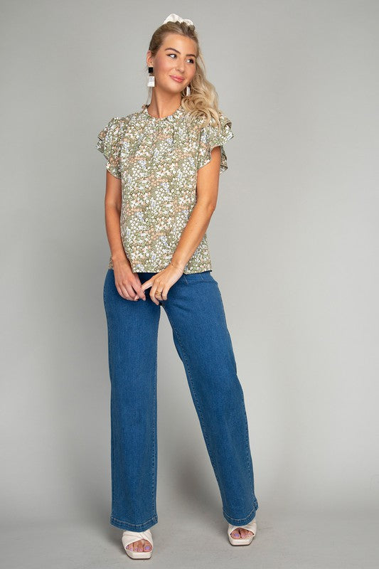 Ditsy Floral Print Butterfly Sleeve Blouse - Online Only