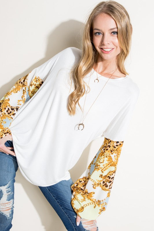 e Luna PLUS Print Solid Mix Volume Sleeve Top