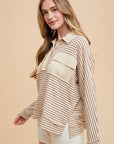 Annie Wear Striped Button Detail Long Sleeve Polo Top