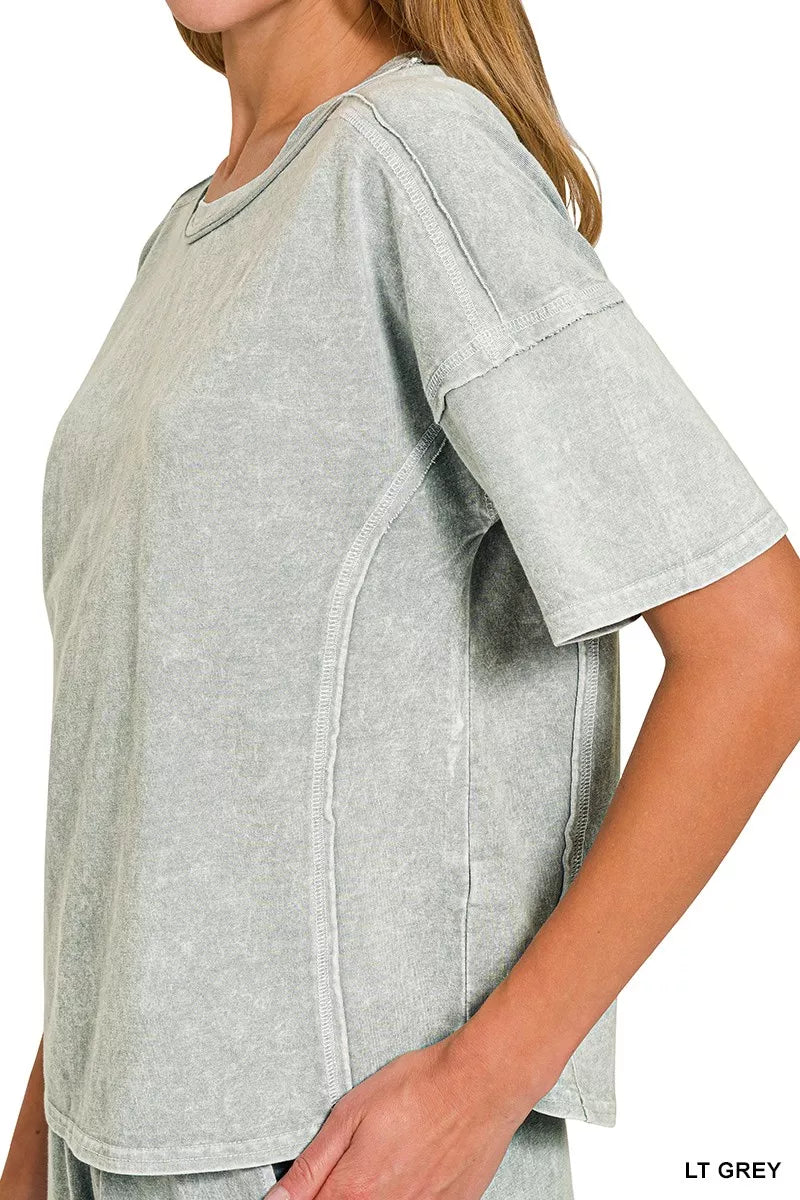 Zenana Halo Snow Washed Short Sleeve Tee and Shorts Set in Grey