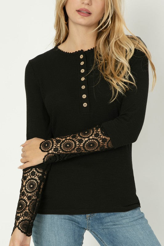 Henley Neck Tee with Lace Trim