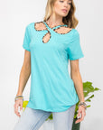 Celeste Full Size Crisscross Cutout Leopard Contrast Trim T-Shirt