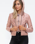 Snobbish Faux Leather Zip Up Drawstring Hooded Jacket