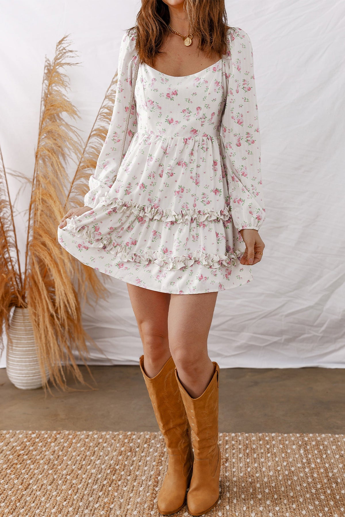 Floral Long Sleeve Ruffle Flared Mini Dress