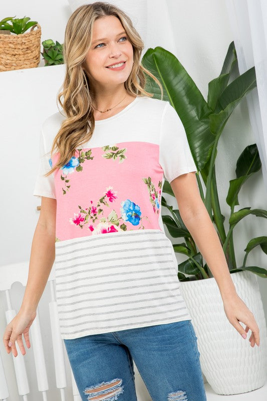 e Luna Floral Striped Mixed Top