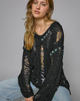 POL Distressed Dropped Shoulder Long Sleeve Knit Top