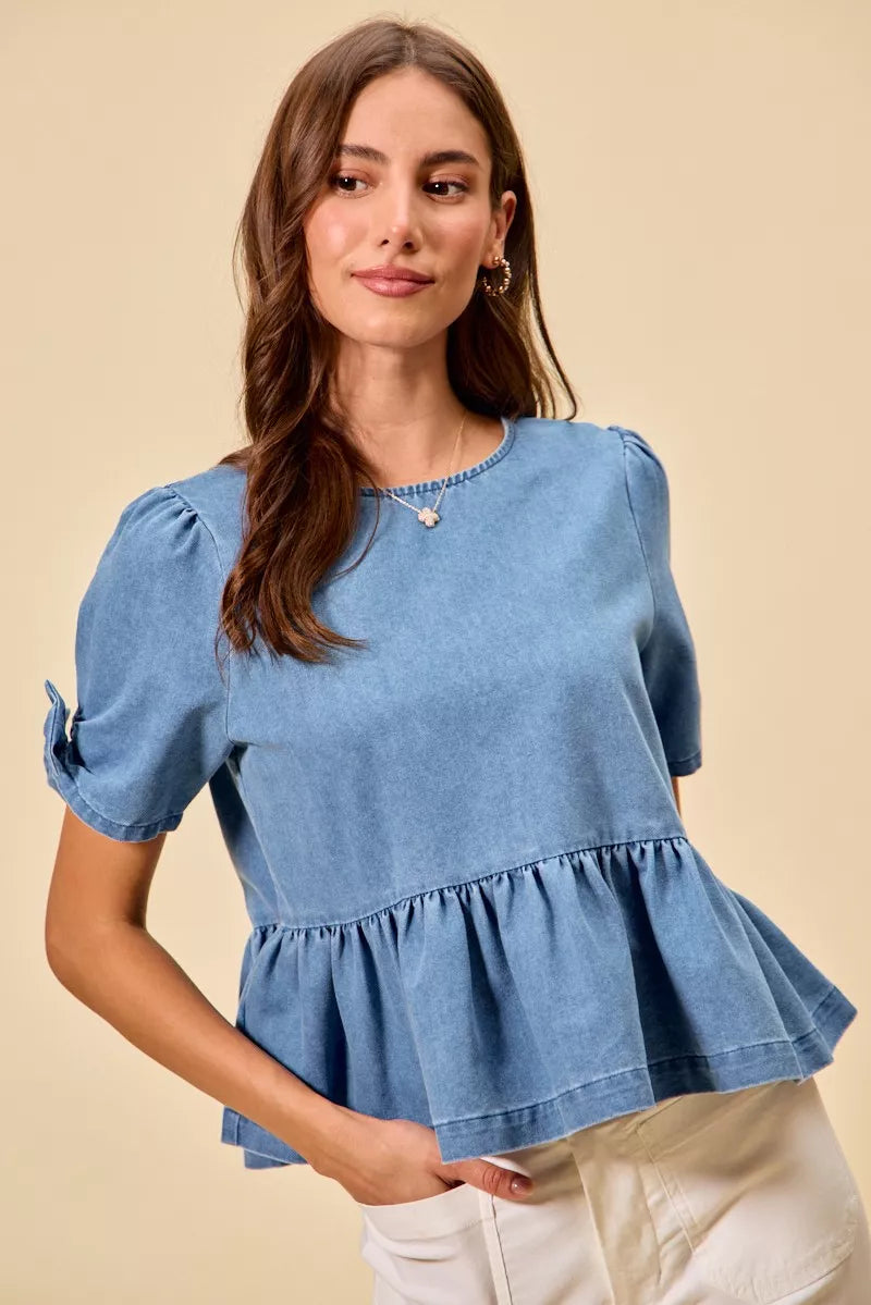 SO ME Denim Bow Detail Short Sleeves Peplum Top