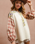 BiBi Floral Notched Plaid Balloon Sleeve Top